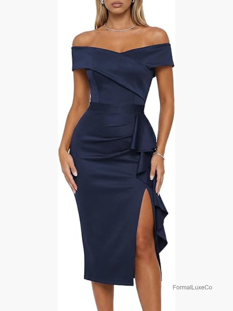 Off Shoulder Bodycon Midi Dress With Built-In Bra Ruched Side Slit
